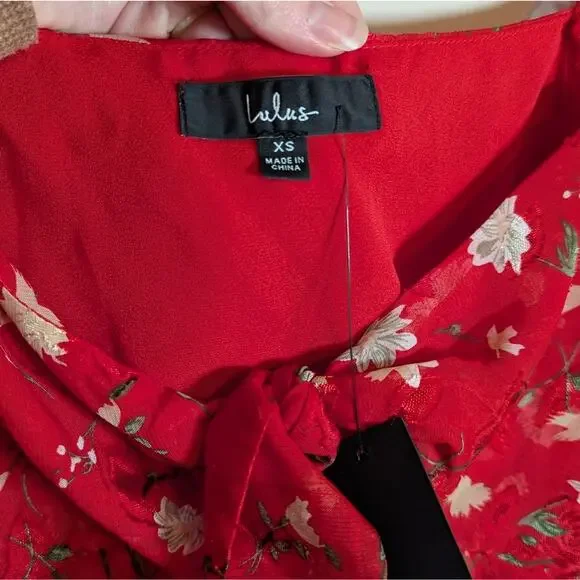 Lulu's red floral tie front long sleeve top - Picture 11 of 14